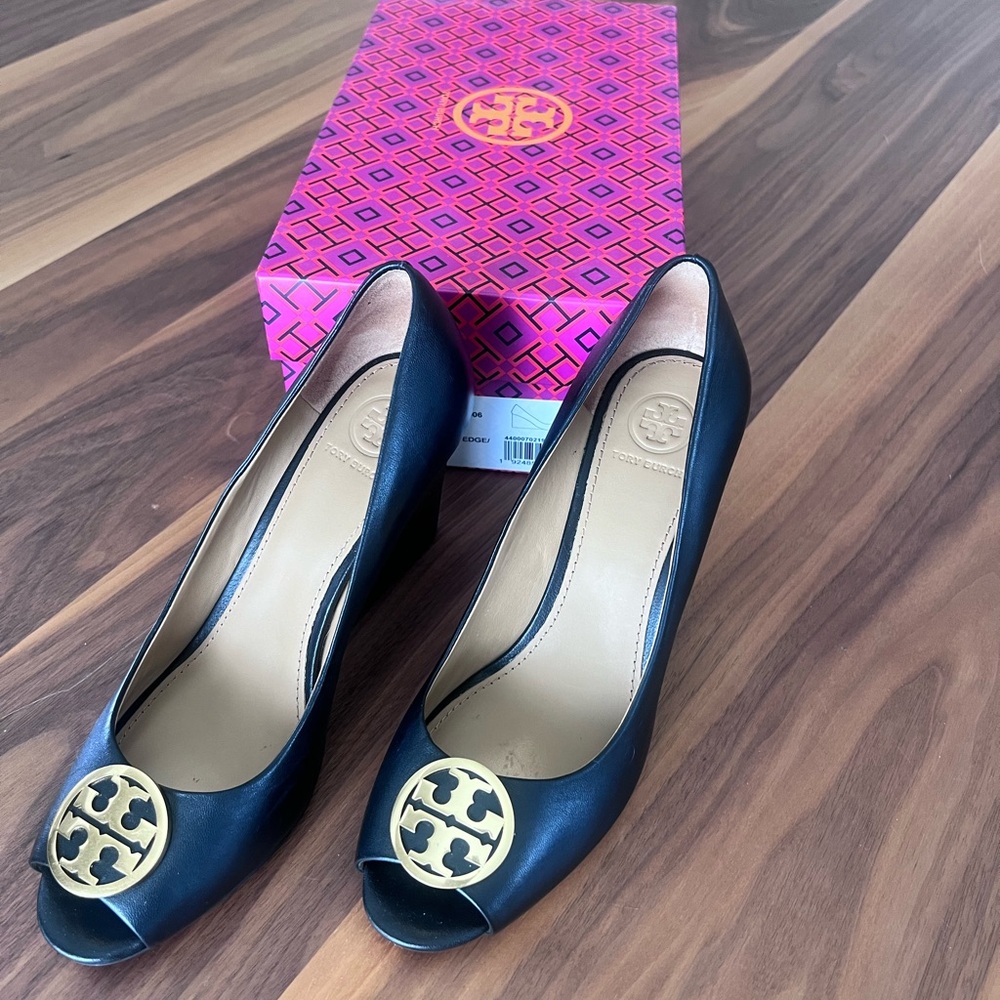 Tory Burch Black Peep-Toe Heels with Gold Logo